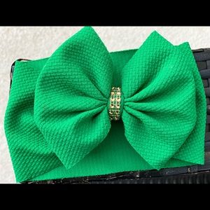 Green with gold rhinestone handmade headband bow